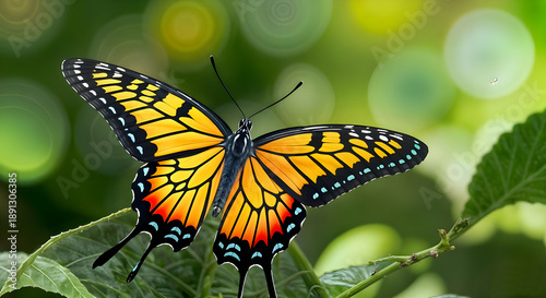 Vibrant yellow and black butterfly perched on a green leaf