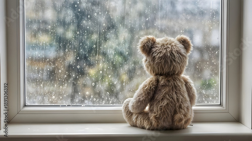 Teddy bear looking out rainy window on a gloomy day