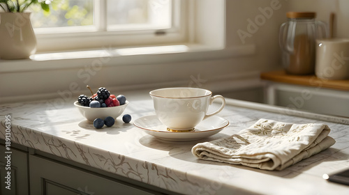 Sunny morning tea and fresh berries on a kitchen countertop