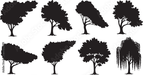Collection of various tree silhouettes in black and white