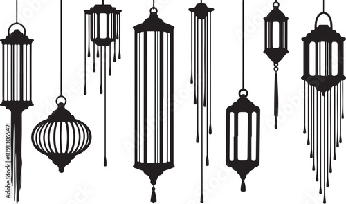 Collection of hanging lanterns in black and white illustration