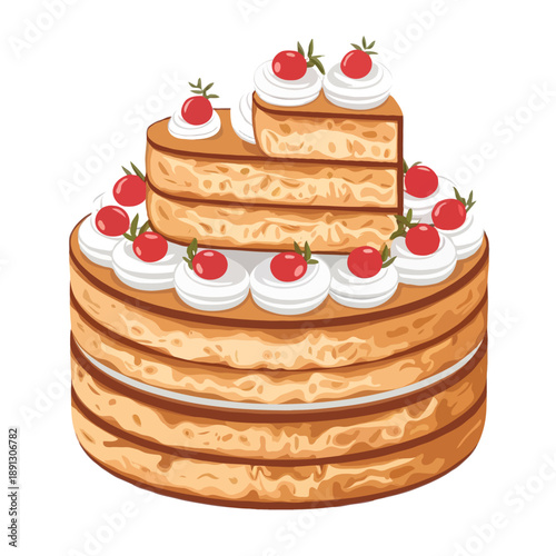 Delightful layered cake with berries isolated on white background, Vector, illustration
