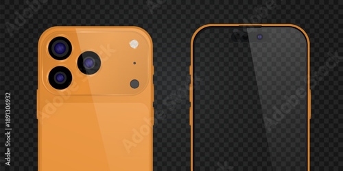 Vector realistic smartphone 17 pro, orange trend color. Realistic gadget set png. Vector electronic device with blank empty screen isolated on transparent background.