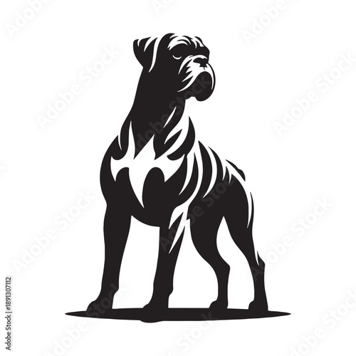 boxer Dog Vector Silhouette Design Featuring Strong Athletic Body, Playful Expression, Loyal Nature, Protective Instincts, Energetic Personality, Family-Friendly Temperament.