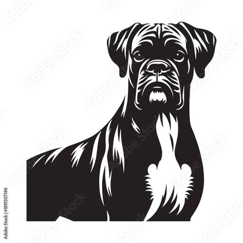 Boxer Dog Vector Silhouette Design Featuring Strong Athletic Body, Playful Expression, Loyal Nature, Protective Instincts, Energetic Personality, Family-Friendly Temperament.