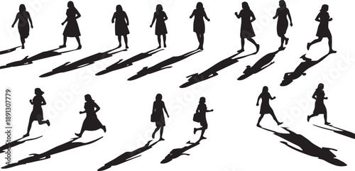Silhouettes of people running in various poses and directions