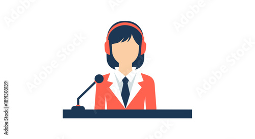 Illustration of a professional woman at a desk wearing a headset in a customer service center.