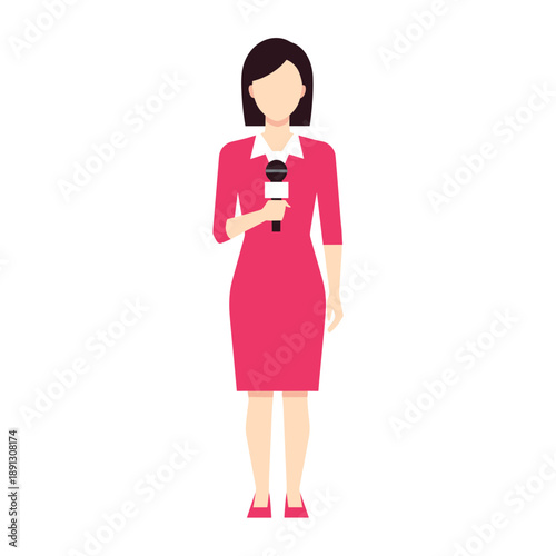 Young female reporter character speaking into a microphone in a bright pink dress illustration.