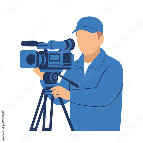 Professional Cameraman Operating a Blue-Clad Videography Setup with Tripod and Camera.