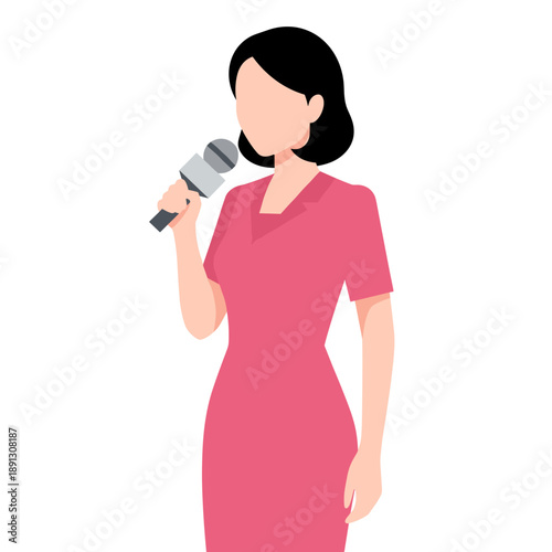 Illustration of a female presenter speaking into a microphone on stage.