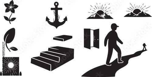 Man walking towards door with various symbols around him