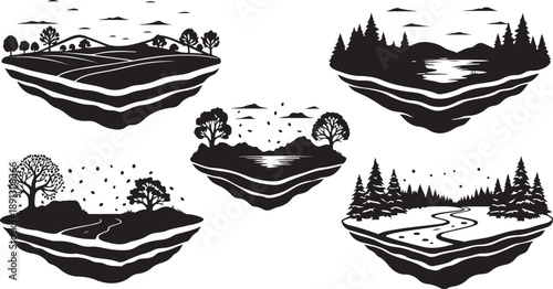 Black and white landscape illustrations with various natural scenery