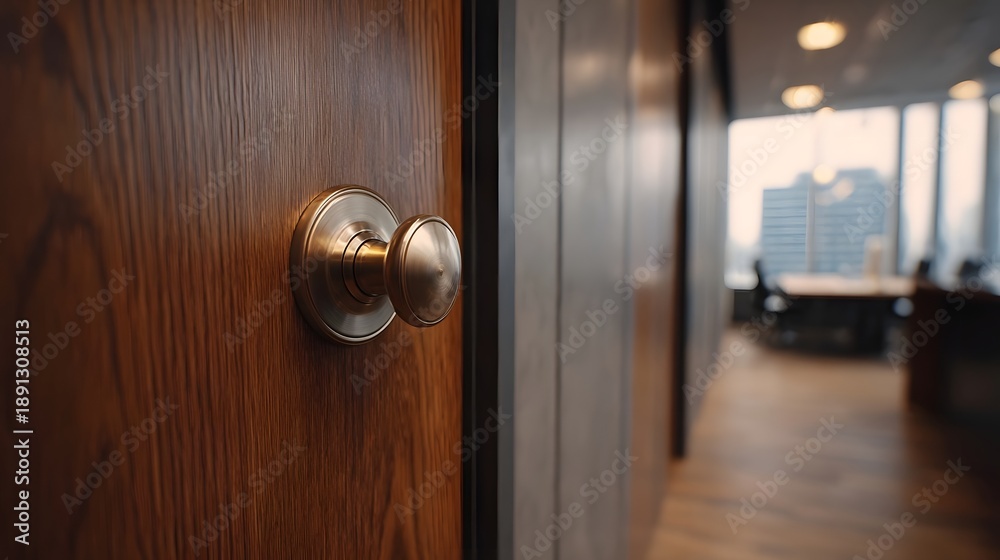Obraz premium A close up of a polished wooden door with a brass doorknob leading into a blurred modern office hallway with city views