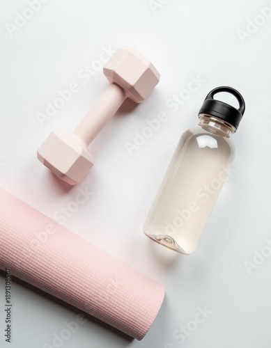 Fitness mockup with pink yoga mat dumbbell and water bottle on white background
