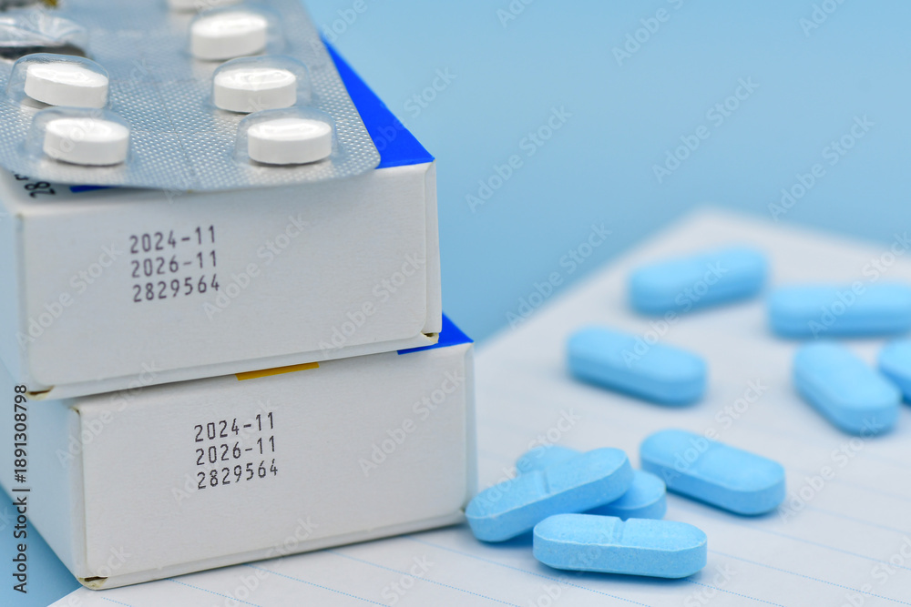Fototapeta premium Manufacturing date and expiry date on some pharmaceutical packaging.