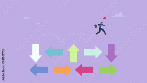 Businessman jumping on uncertainty random direction arrows. Overcome uncertainty, make decision or determination to achieve success, adversity or courage to solve problem or difficulty.