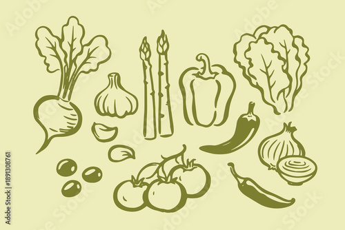 Vegetable set hand drawn doodle line art vector illustration