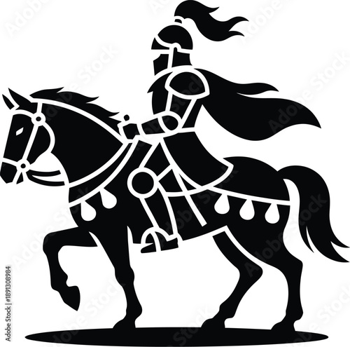 Medieval Knight on Horseback Riding in Armor, Vector Silhouette