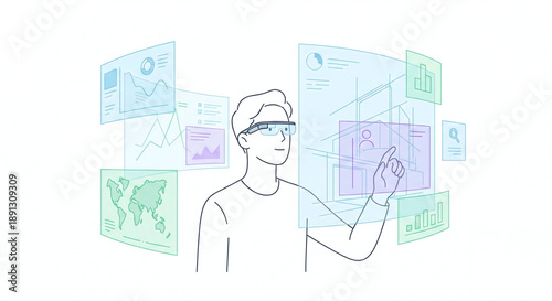 ARグラスでデータを操作する男性のイラスト。ビジネスやテクノロジーのコンセプト。