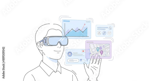 VRゴーグルで地図やグラフを操作する男性。メタバースとビジネスの融合。