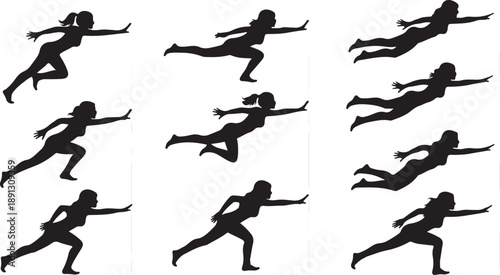 Silhouette of a woman jumping in various dynamic poses