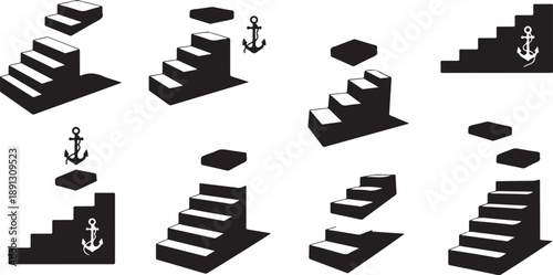 Staircase icons with anchors and floating objects in black