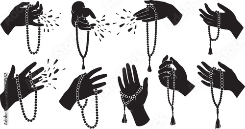 Silhouette hands holding and manipulating prayer beads in various ways