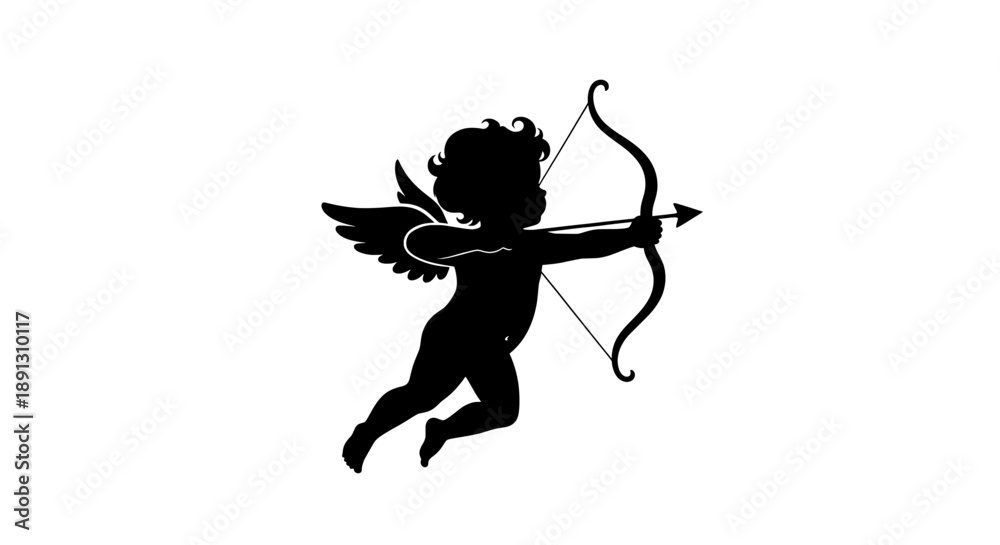 Fototapeta premium A black silhouette of Cupid with a bow and arrow