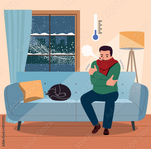 Freezing Man Sitting on Sofa at Home in Winter, Cold Weather Indoors, Energy Crisis Concept. Flat style cartoon vector illustration.