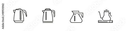 Kettle vector outline icon set. Kitchen appliance for boiling water and tea