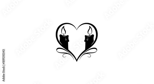 Stylized Black Heart Silhouette Containing Two Lit Candles with Ornamental Flourishes, Evoking Romance, Memorial, or Spiritual Ceremony Themes
