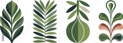 Minimal botanical leaf poster collection with modern organic shapes, green tones, nature inspired decorative wall art, isolated neutral background illustration