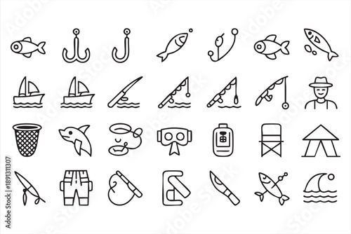 Fishing Equipment And Camping Symbols Vector Icons