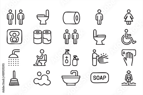 Restroom And Toilet Symbols In Minimal Outline Style