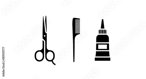 Black icons of scissors comb and hair glue bottle on white background for hairdressing and styling