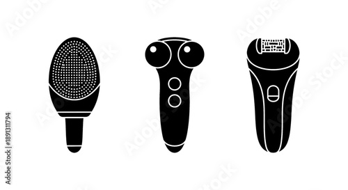 Three black and white electric razors with different designs on a white background for grooming and shaving