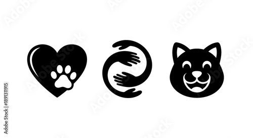 Black icons of heart with paw hands and dog face on white background symbolizing love and care for animals