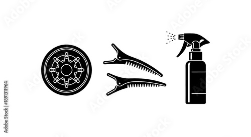 Car tire with wheel chocks and cleaning spray on white background for automotive maintenance