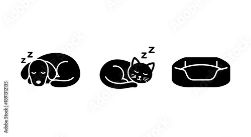 Sleeping dog cat and pillow icons in black and white symbolizing rest and relaxation together