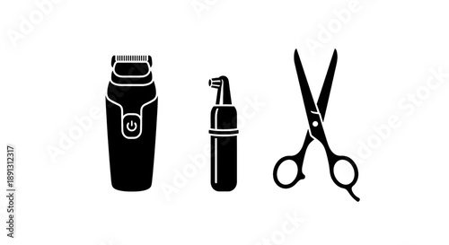 Grooming tools for men including electric shaver spray and scissors on white background for personal care and hygiene
