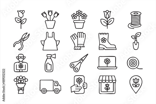 Flower Shop And Bouquet Gardening Outline Icon Set