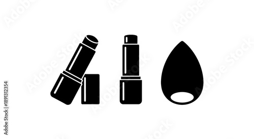 Black and white illustration of lipstick tubes and a teardrop shape on a white background