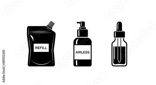 Black refillable airless cosmetic packaging with dropper bottle on white background for skincare routine and beauty product
