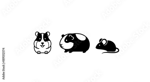 Three black and white hamster silhouettes in different poses on white background