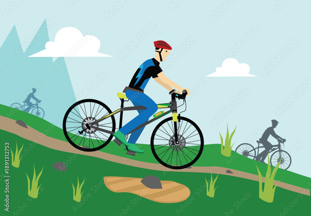 Fototapeta premium Mountain bikers goes down hill. Editable Clip Art.
