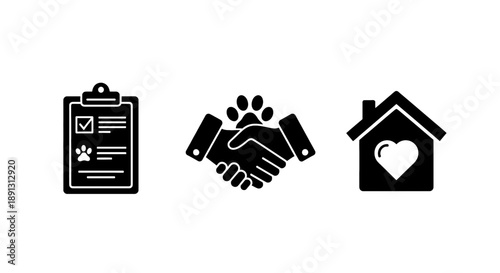 Pet adoption concept with handshake home and clipboard icons representing animal shelter partnership