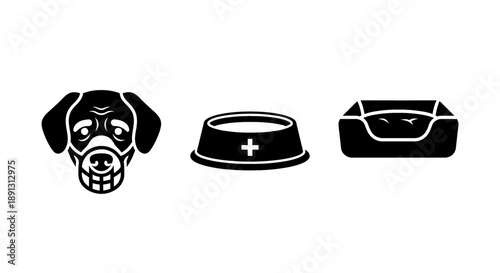 Dog head medical food bowl and first aid kit icons for pet care and health