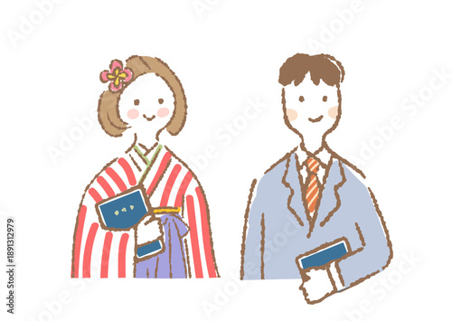 卒業証書を持つ袴姿の女性とスーツの男性の上半身イラスト