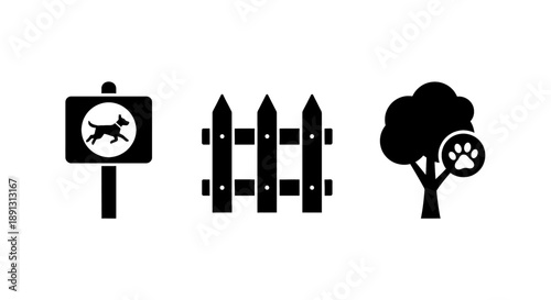 Dog park sign fence and tree icons for pet areas and outdoor spaces