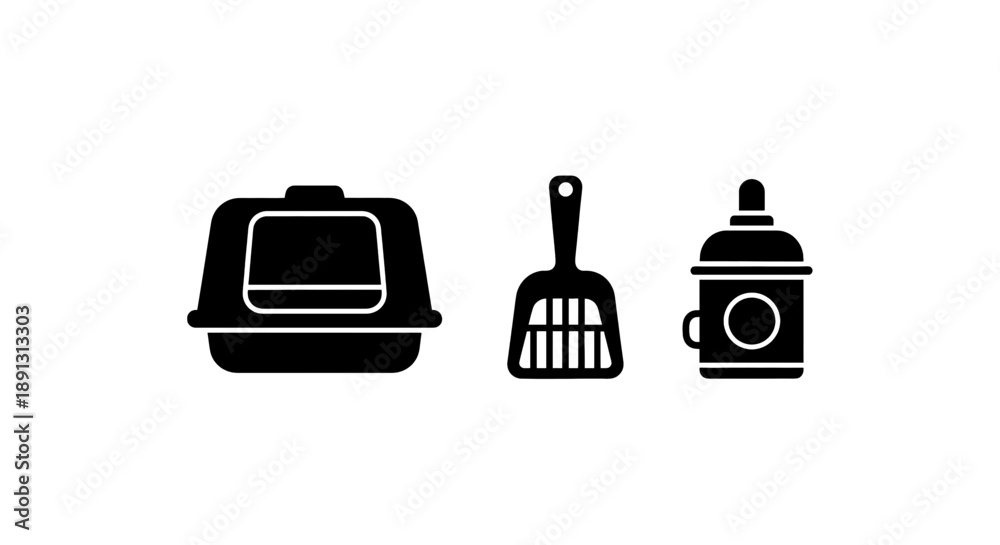 Obraz premium Black icons of cat litter box scoop and spray bottle on white background for pet care and cleaning